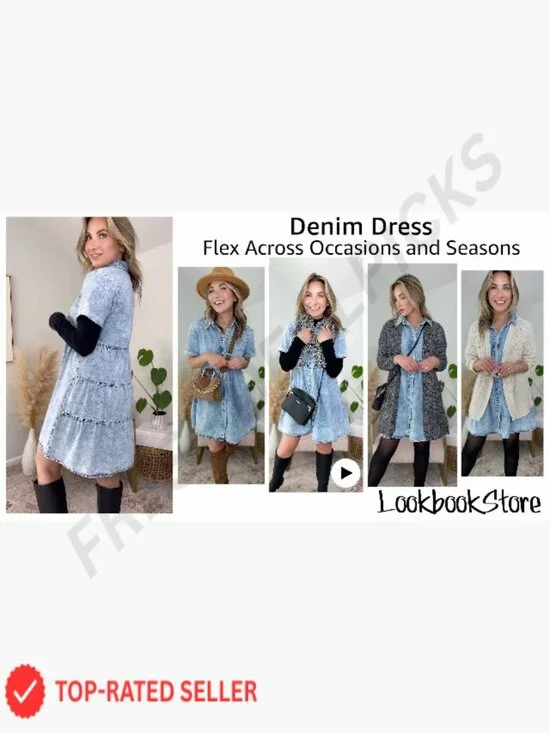 Denim Babydoll Dress Flowy Tiered Button Down Short Sleeve Casual Chic - Picture 5 of 7